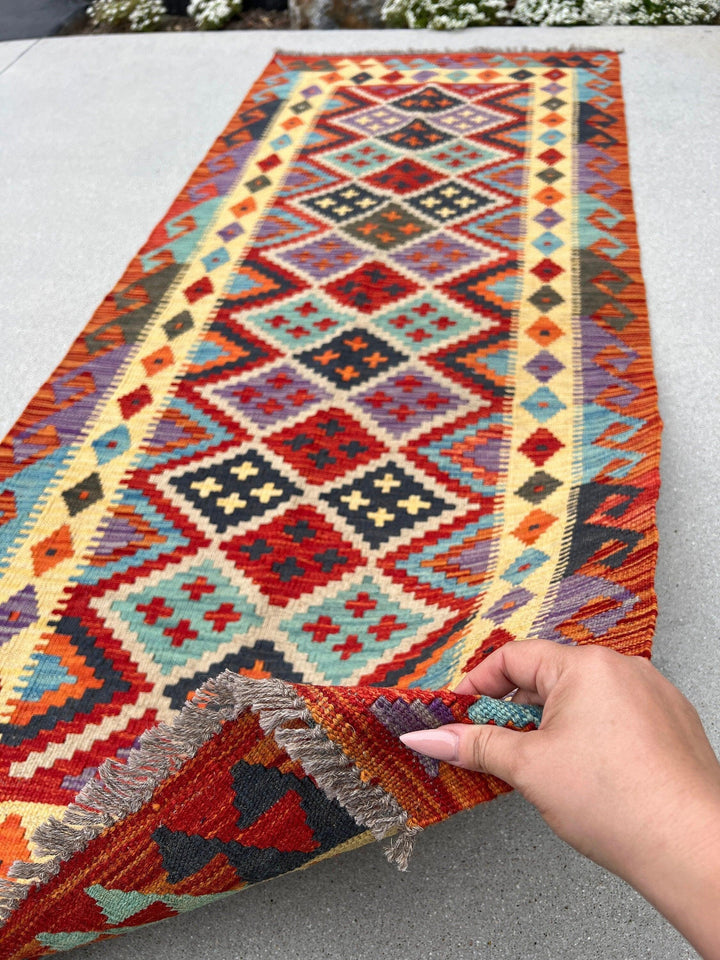 3x7 Handmade Afghan Kilim Runner Rug| Blood Red Burnt Orange Cornsilk Yellow Baby Blue Black Purple Chocolate Brown | Flatweave Wool