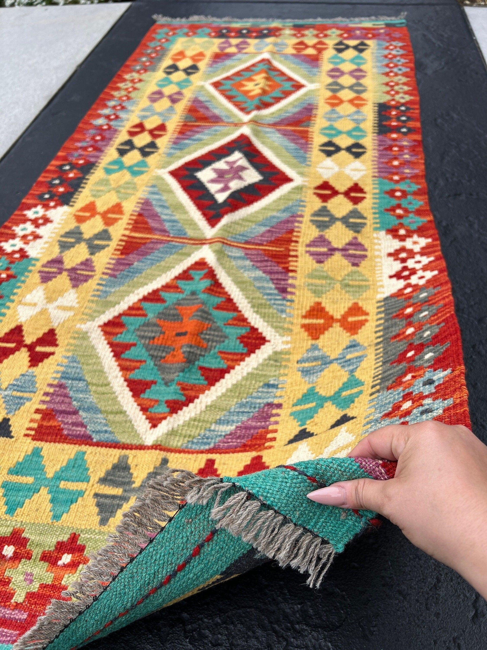 3x7 Handmade Afghan Kilim Runner Rug| Blood Red Burnt Orange Turquoise Mustard Yellow Denim Blue Black Purple Ivory Green | Flatweave Wool