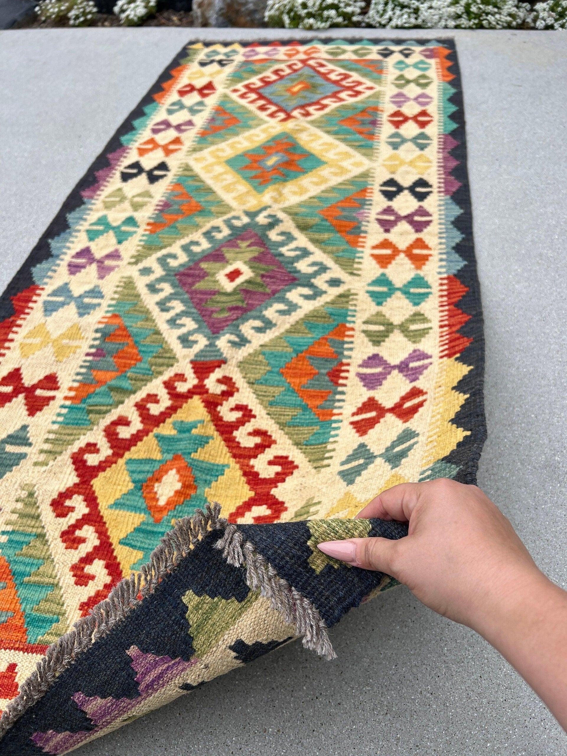 3x7 Handmade Afghan Kilim Runner Rug | Navy Denim Blue Cornsilk Yellow Teal Purple Moss Olive Green Burnt Orange | Geometric Wool