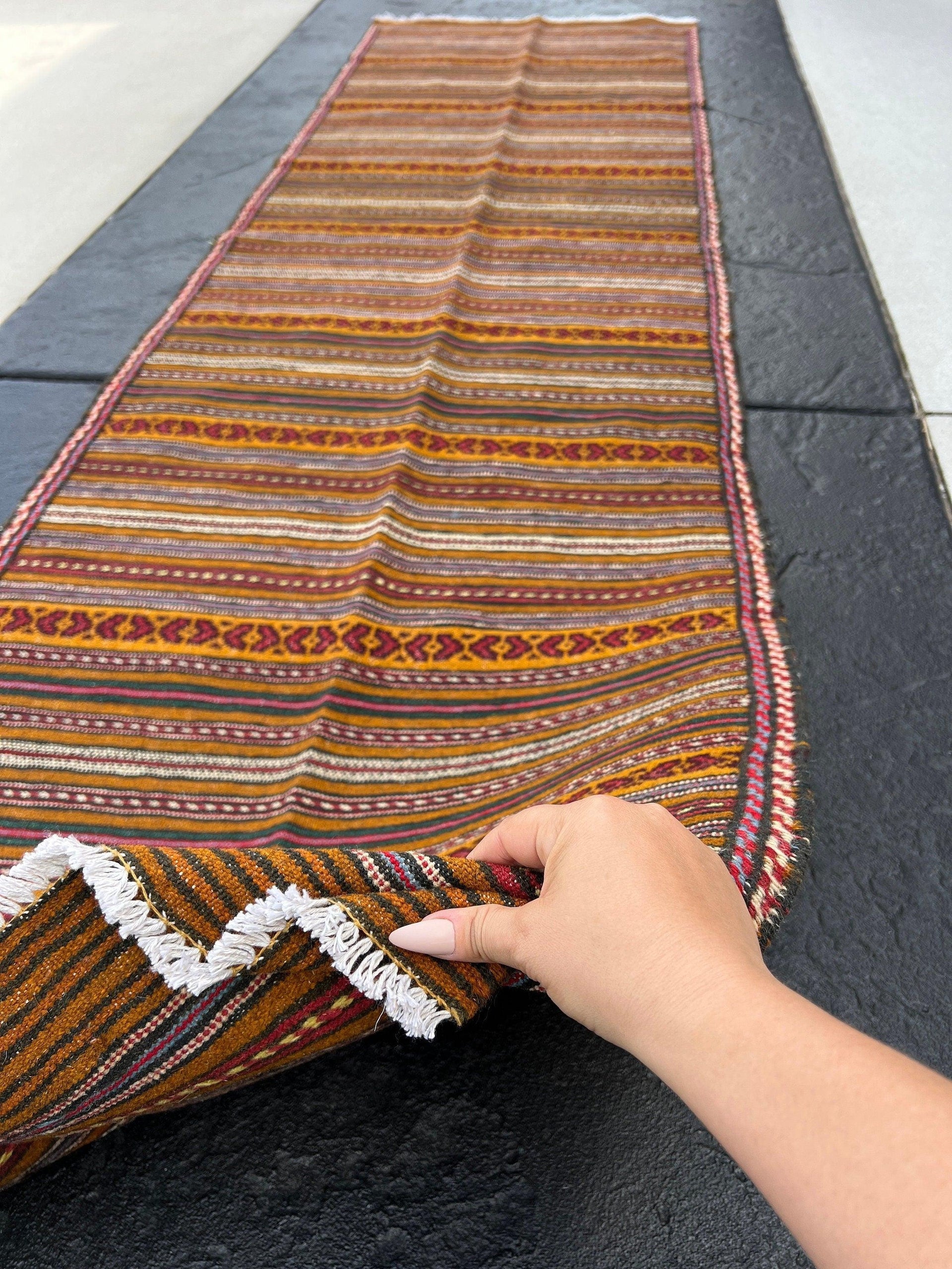 3x10 (90x305) Handmade Afghan Kilim Runner Rug | Orange Gold Blood Red Ivory Forest Green Black Yellow Denim Blue | Persian Turkish Wool