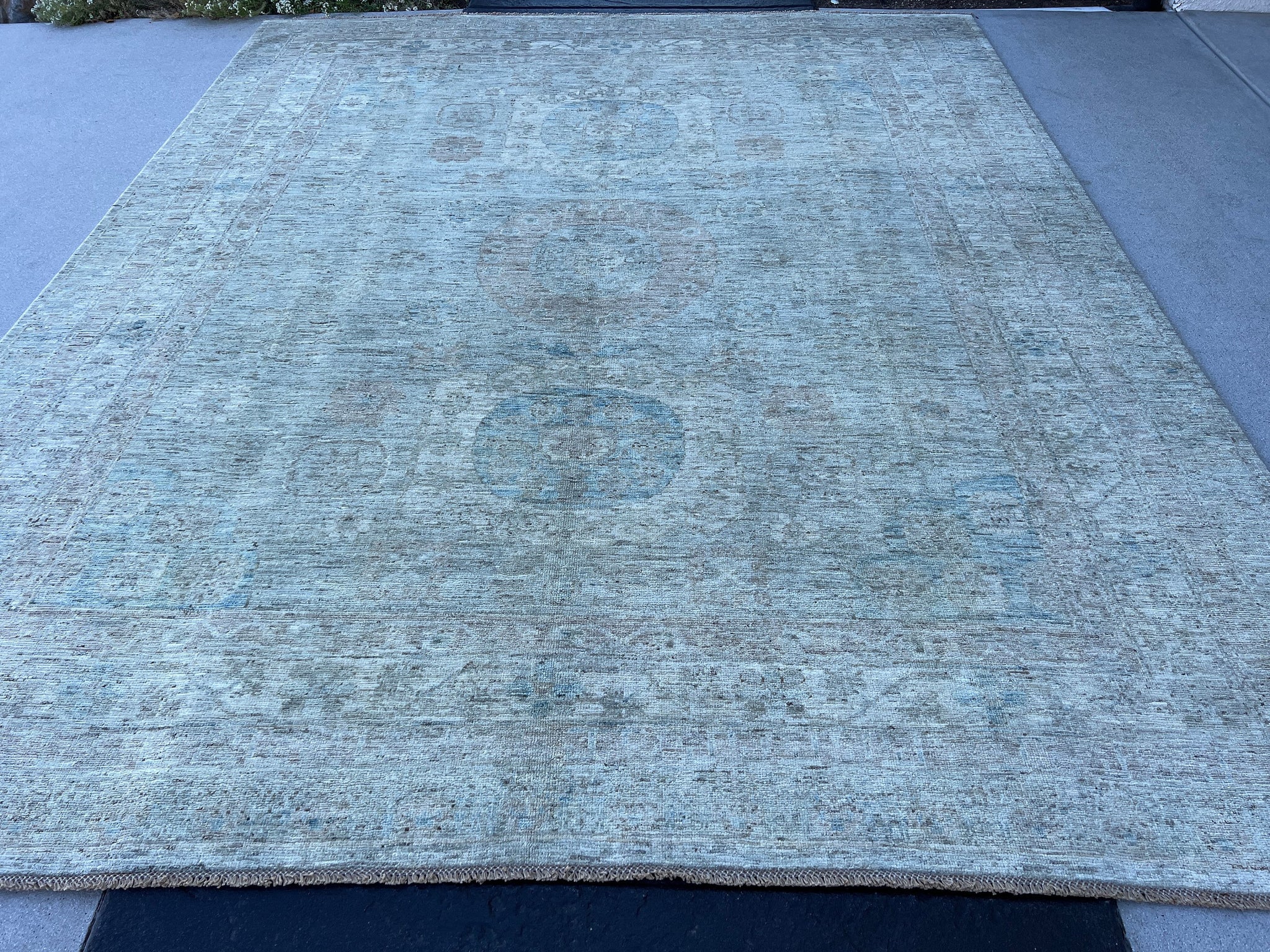 8x10 (245x305) Handmade Afghan Rug | Neutral Muted Grey Ivory Baby Powder Blue Mauve | Khottan Turkish Wool Persian Tribal Knotted Oriental