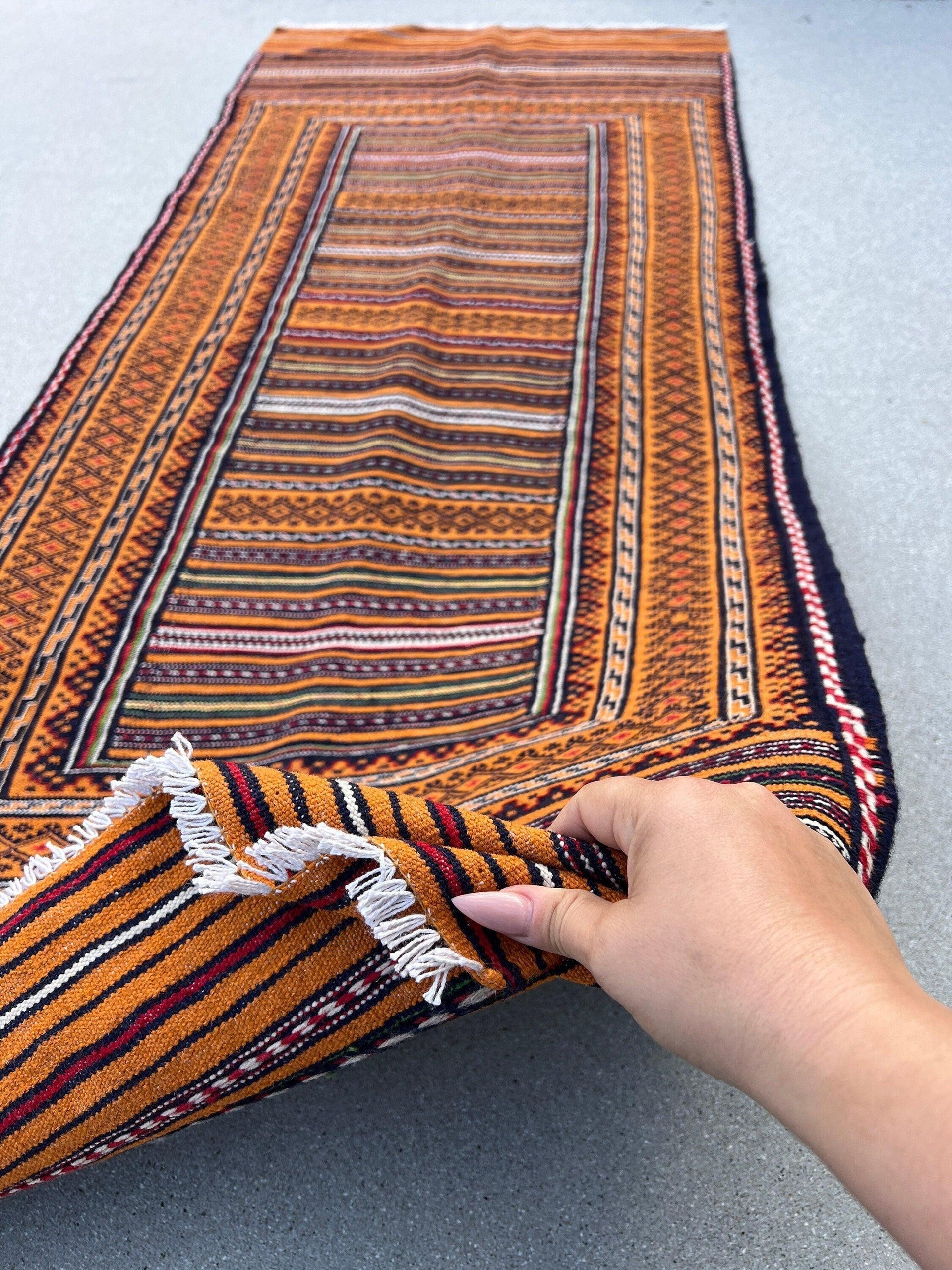 3x6 (90x180) Handmade Afghan Kilim Rug | Orange Olive Green Midnight Blue Brick Crimson Red Black Ivory Blue | Persian Oushak Wool