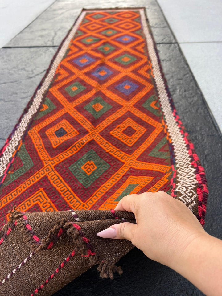 2x8-3x9 Handmade Afghan Kilim Runner Rug | Chocolate Brown Orange Crimson Red Forest Green Cream Beige Ivory Black Purple | Wool Oushak