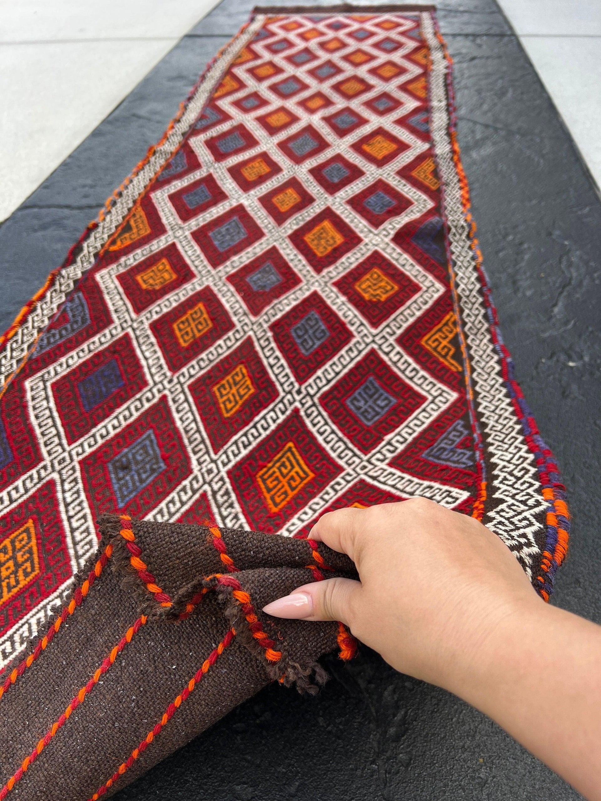 3x10 (90x305) Fair Trade Handmade Afghan Kilim Runner Rug | Crimson Red Navy Midnight Blue Ivory Orange Black | Wool Oushak Turkish Persian