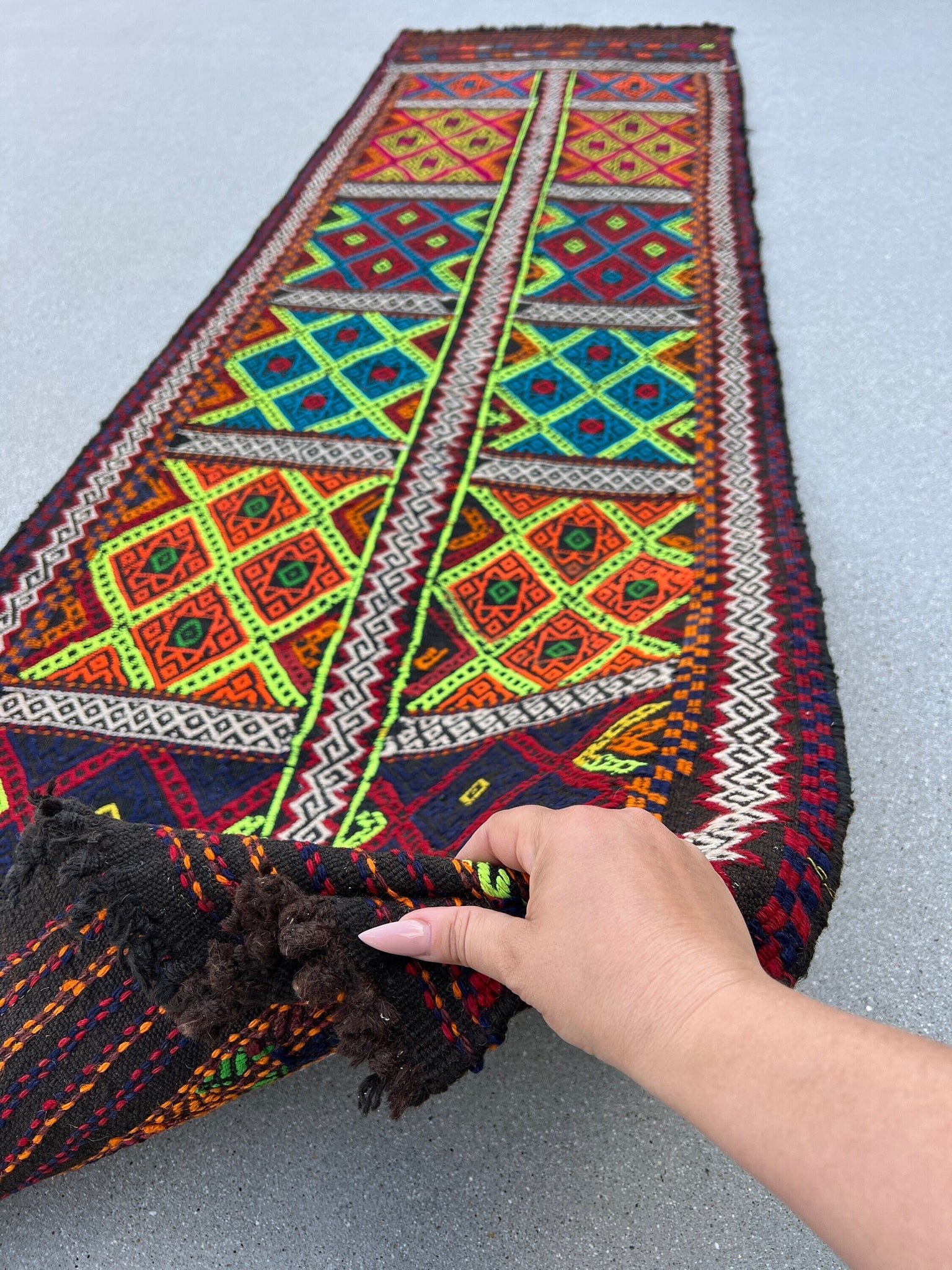 3x8 (90x245) Handmade Afghan Kilim Runner Rug | Black Midnight Blue Blood Red Yellow Green Ivory Orange Purple Neon Lime | Wool Oushak