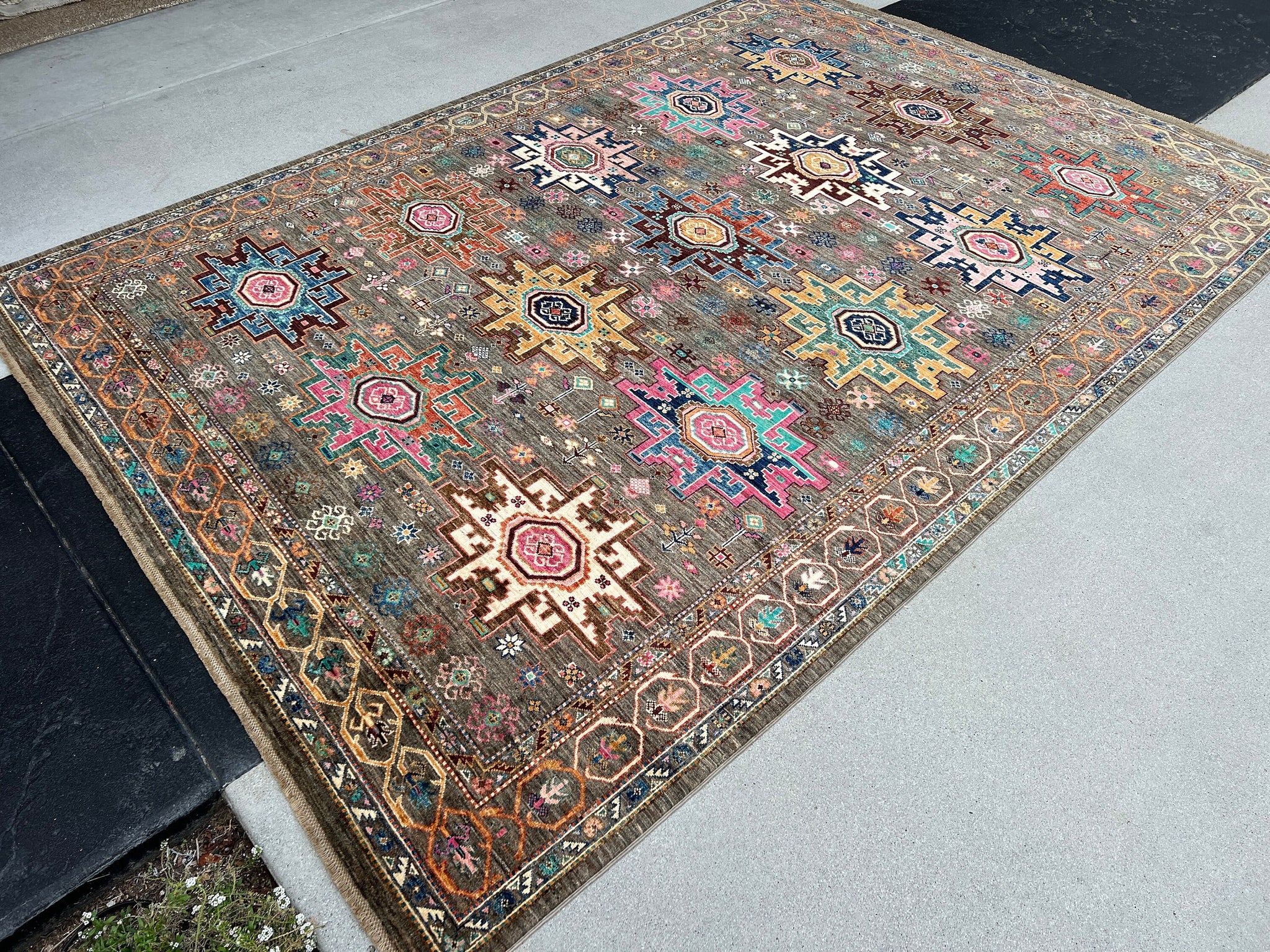 7x10 (215x305) Handmade Afghan Rug | Charcoal Grey Navy Blue Teal Turquoise Caramel Gold Pink Ivory Brown | Wool Hand Knotted Woven Tribal