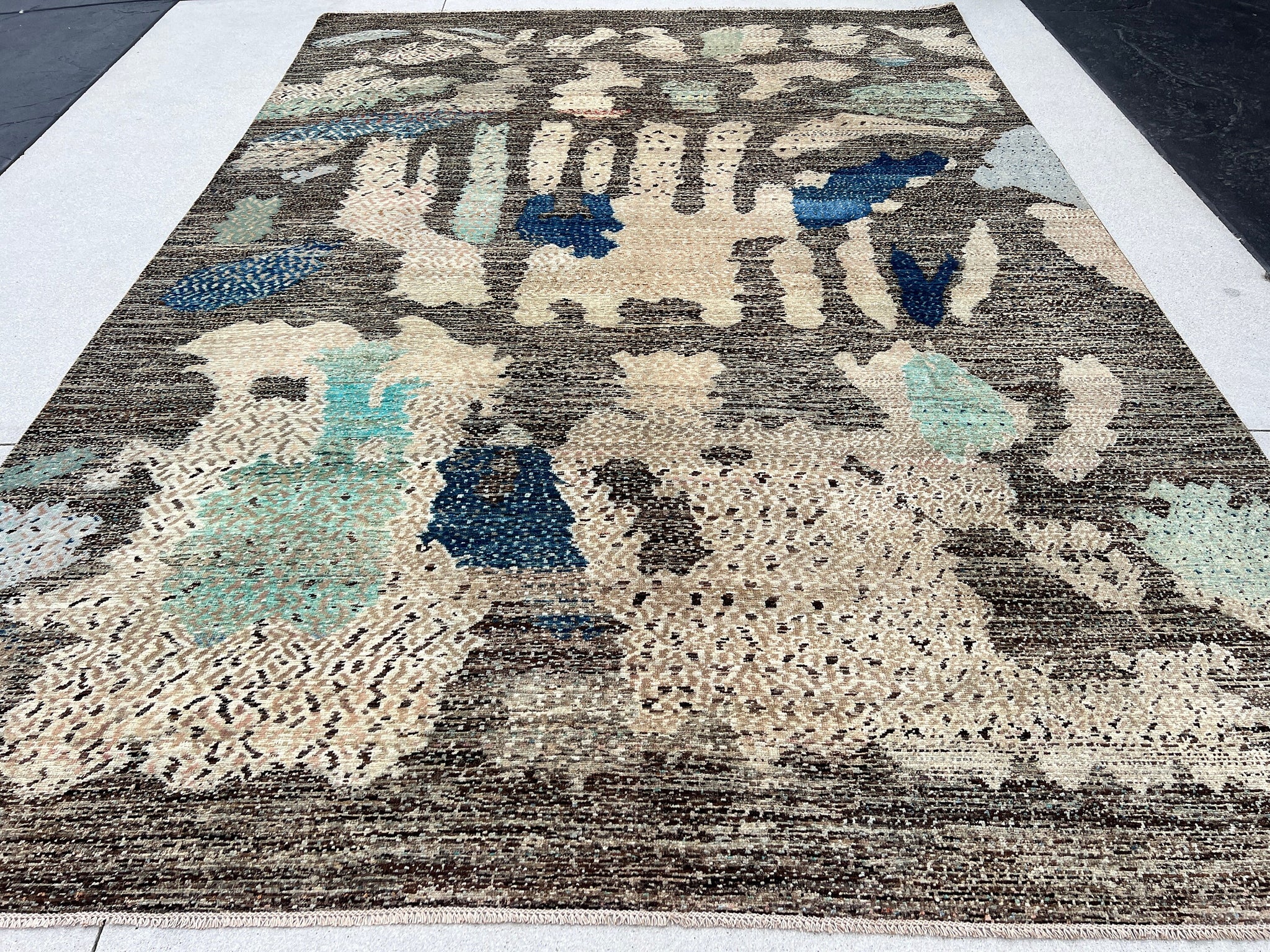 9x12 (270x365) Handmade Afghan Rug | Earth Tones Black Brown Beige Blue Turquoise Ivory Pink Teal Green Coral | Abstract Wool Modern Knotted
