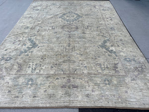 9x12 (270x365) Handmade Afghan Rug | Muted Neutral Cream Ivory Grey Mauve Sage Green | Turkish Hand Knotted Oushak Persian Oriental Wool
