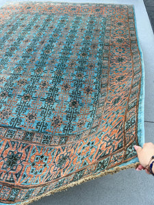 9x12 (275x365) Handmade Afghan Rug | Sky Denim Baby Blue Terracotta Rust Charcoal Grey | Hand Knotted Woven Wool Tribal Oriental Luxury Boho