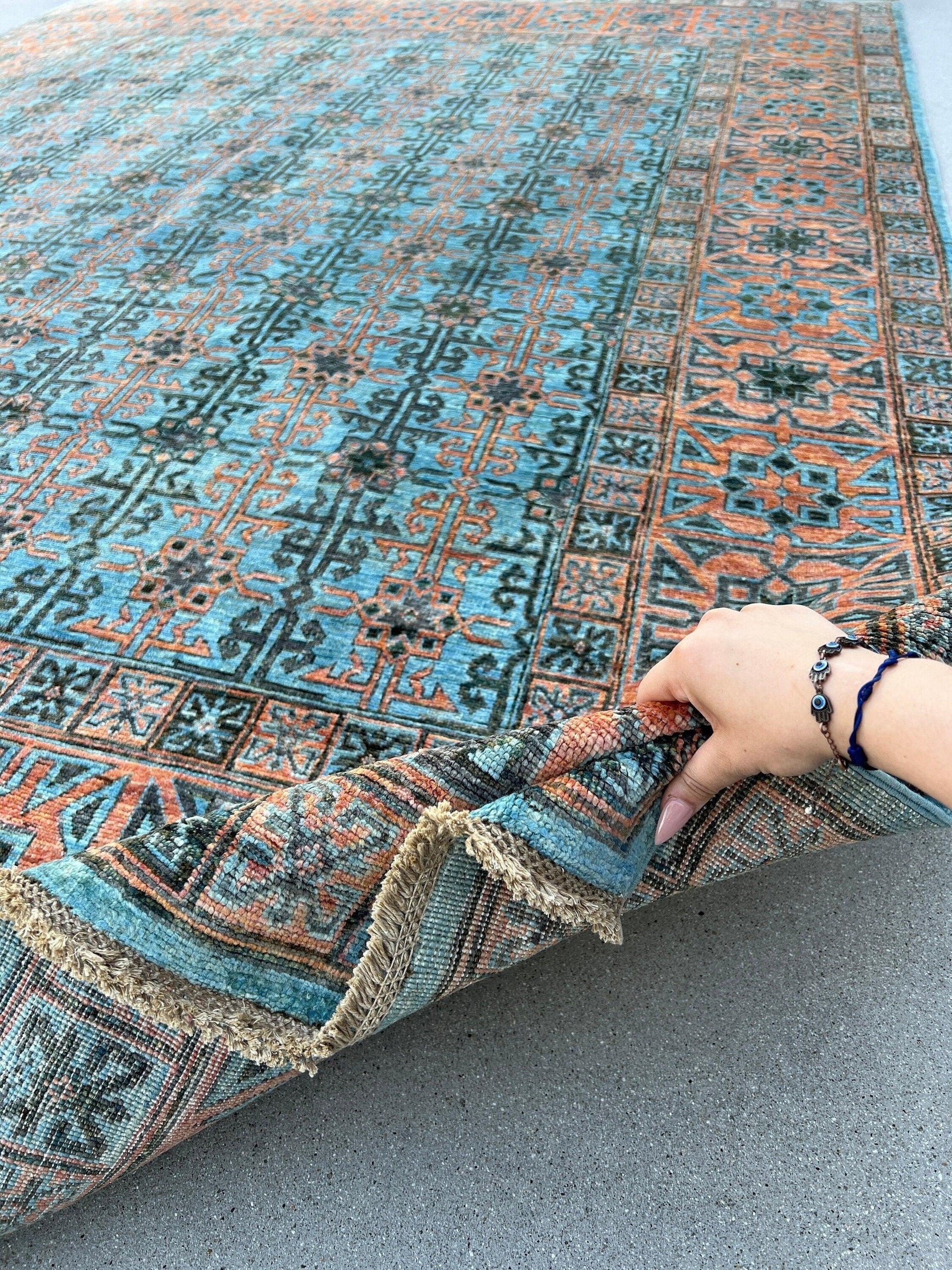 9x12 (275x365) Handmade Afghan Rug | Sky Denim Baby Blue Terracotta Rust Charcoal Grey | Hand Knotted Woven Wool Tribal Oriental Luxury Boho