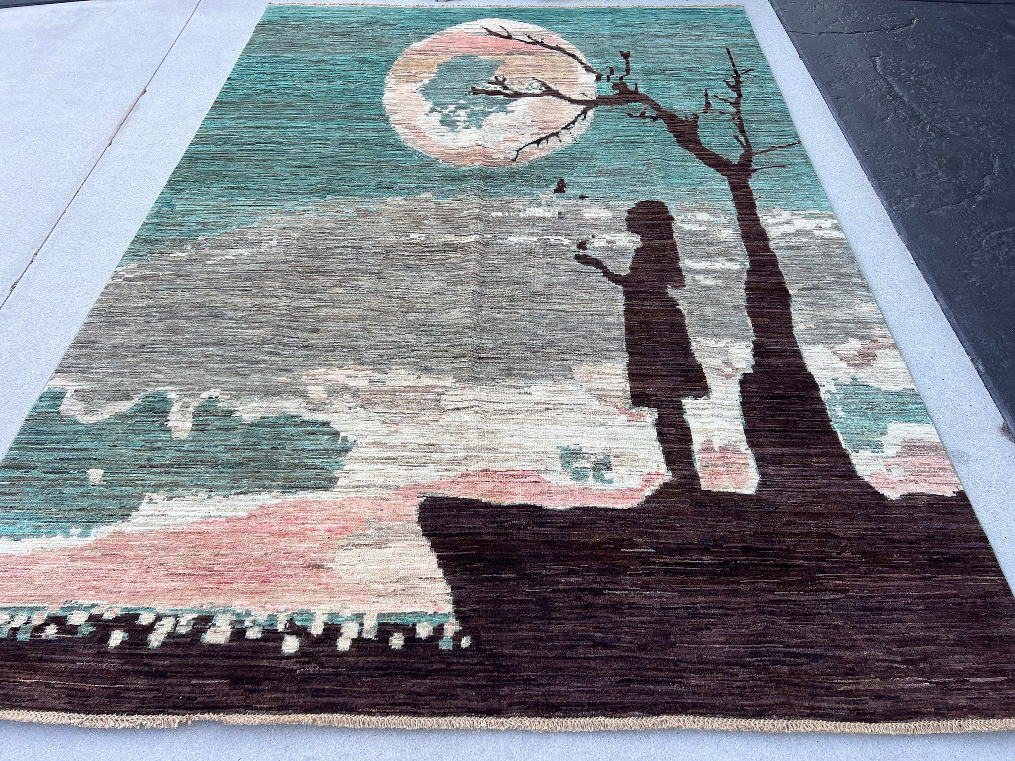 7x10 (215x305) Handmade Afghan Rug | Teal Turquoise Grey Brown Beige Salmon Pink Coral | Pictorial Figurative Scenic Story Narrative Themed