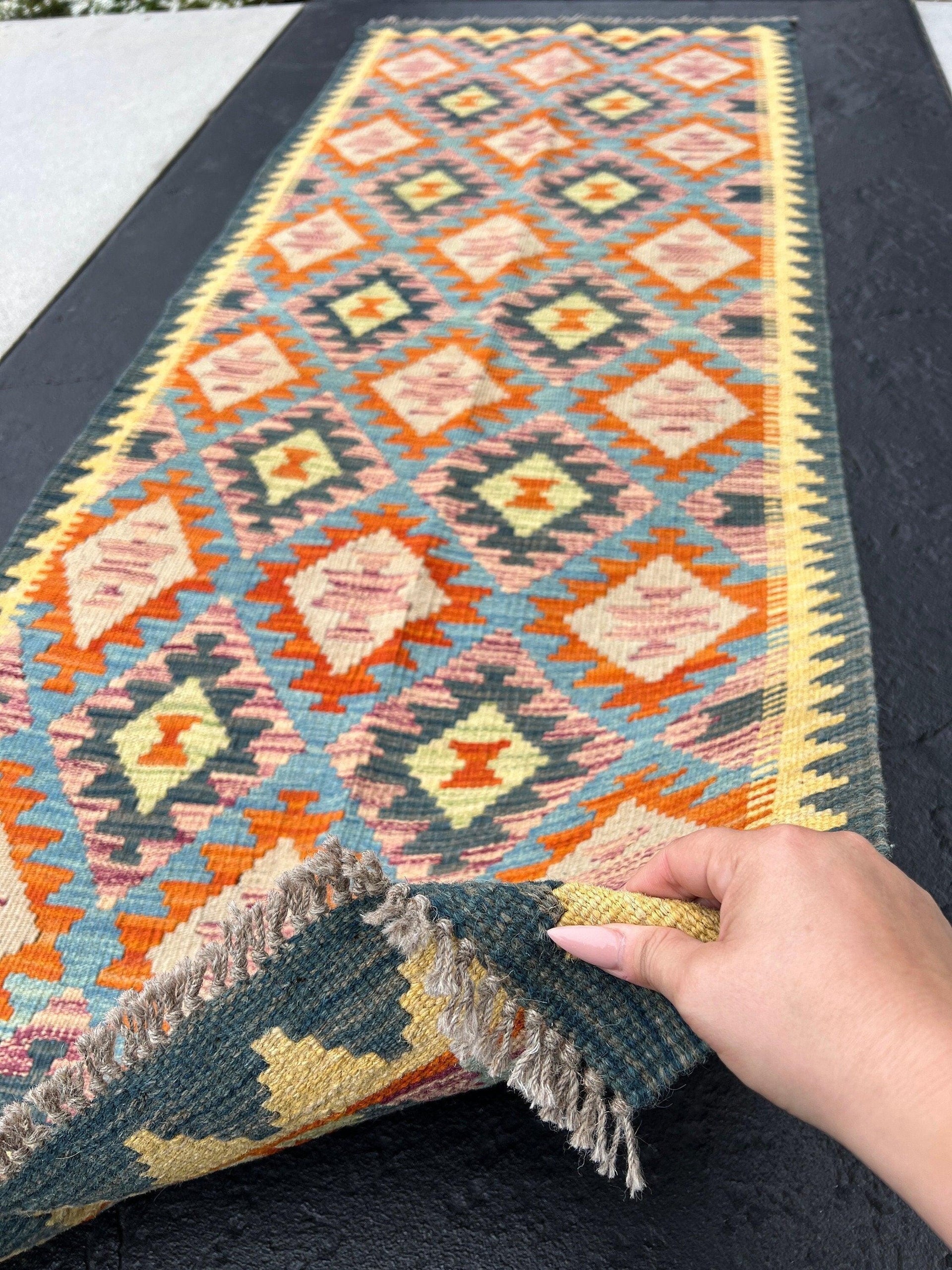 3x7 (100x200) Handmade Afghan Kilim Runner Rug | Prussian Blue Mustard Cornsilk Yellow Burnt Orange Denim Blue Purple | Flatweave Wool