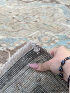 9x12 (275x365) Handmade Afghan Rug | Charcoal Grey Umber Baby Powder Blue Sage Green Terracotta Rust Ivory | Persian Heriz Serapi Knotted