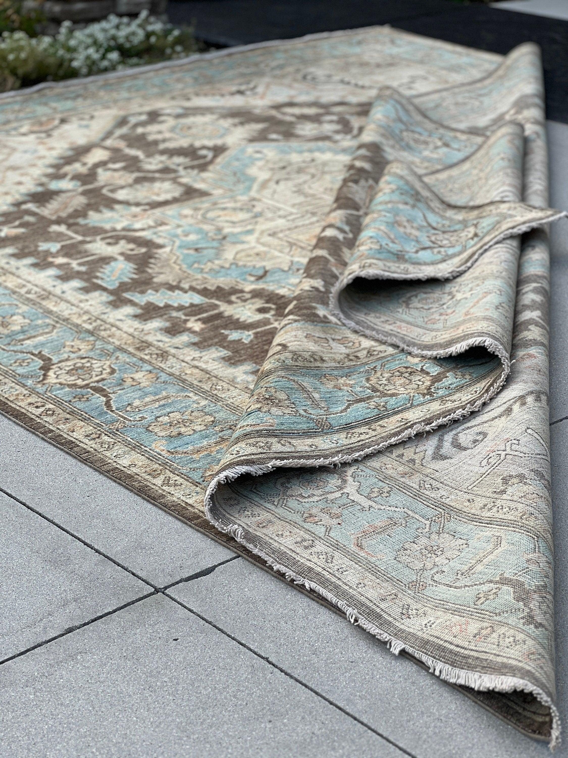 9x12 (275x365) Handmade Afghan Rug | Charcoal Grey Umber Baby Powder Blue Sage Green Terracotta Rust Ivory | Persian Heriz Serapi Knotted