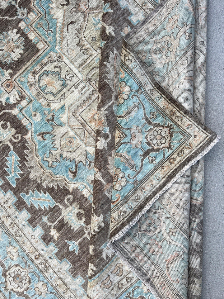 9x12 (275x365) Handmade Afghan Rug | Charcoal Grey Umber Baby Powder Blue Sage Green Terracotta Rust Ivory | Persian Heriz Serapi Knotted