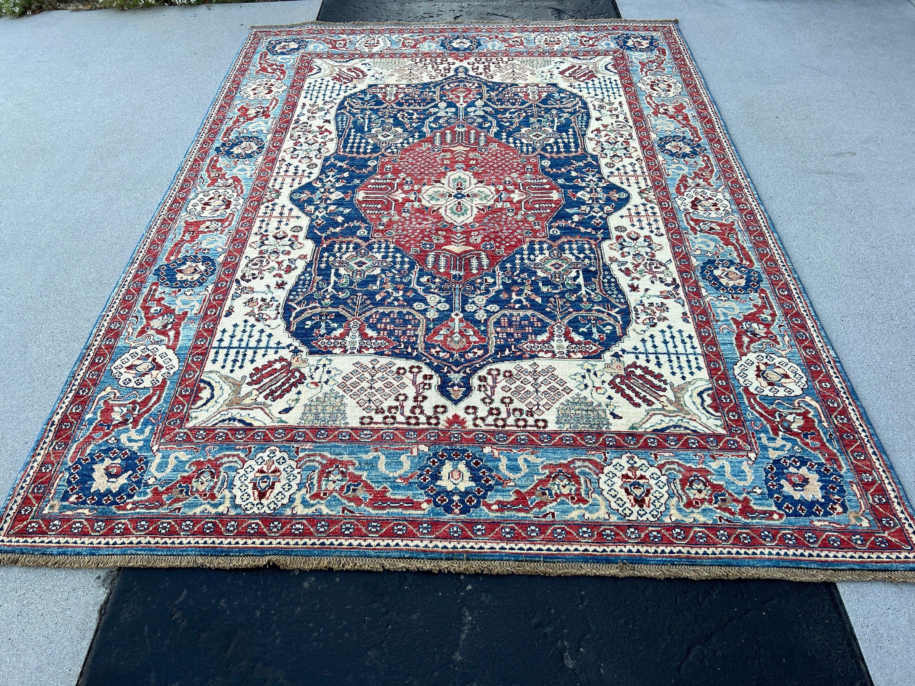 6x8 (180x245) Hand Knotted Afghan Rug | Cream Beige Denim Navy Denim Blue Chocolate Tan Brown Teal Turquoise | Floral Heriz Persian Wool