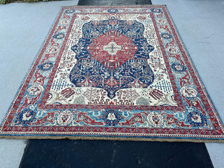 6x8 (180x245) Hand Knotted Afghan Rug | Cream Beige Denim Navy Denim Blue Chocolate Tan Brown Teal Turquoise | Floral Heriz Persian Wool