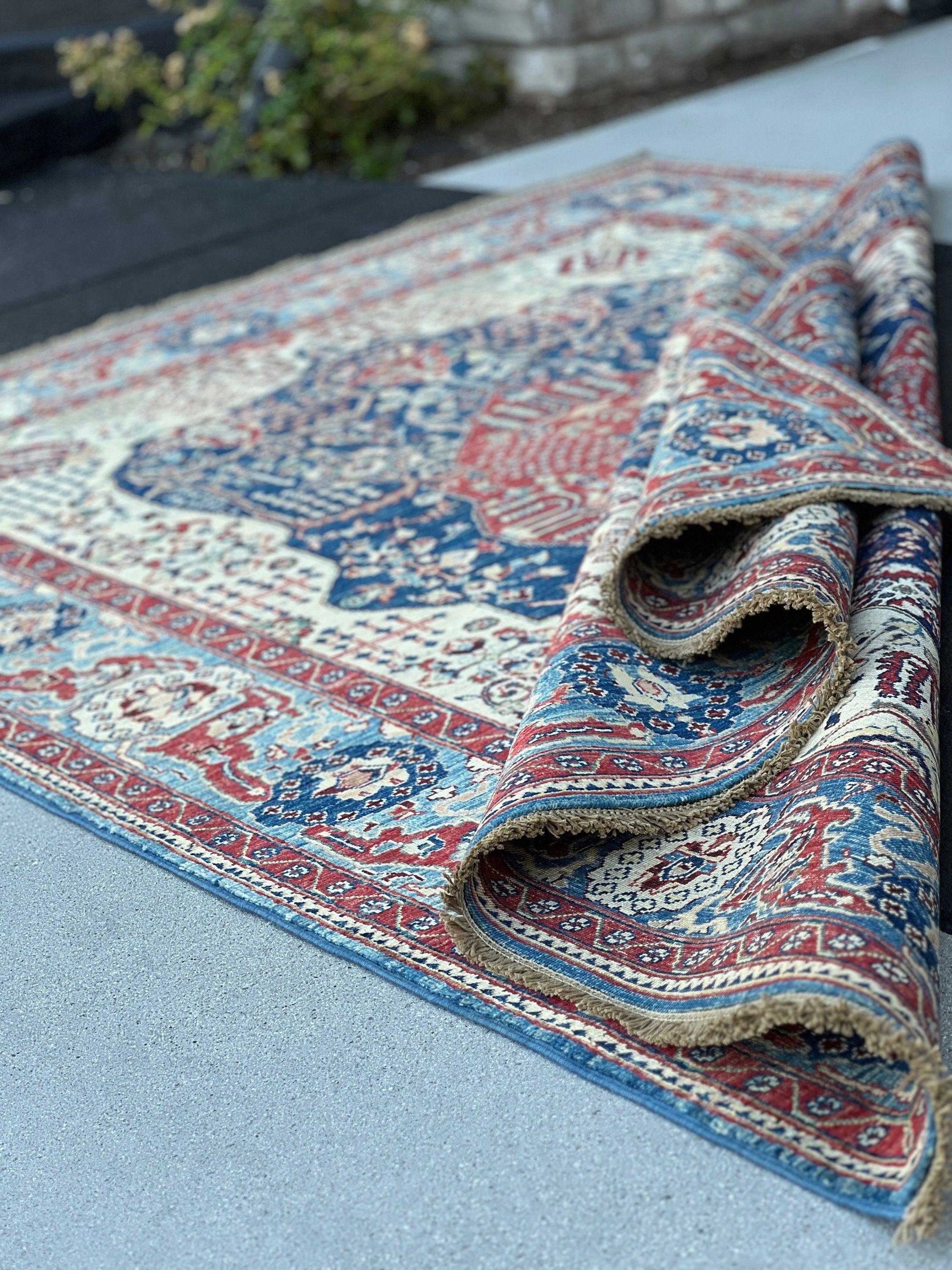 6x8 (180x245) Hand Knotted Afghan Rug | Cream Beige Denim Navy Denim Blue Chocolate Tan Brown Teal Turquoise | Floral Heriz Persian Wool