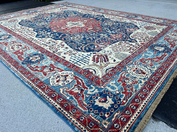 6x8 (180x245) Hand Knotted Afghan Rug | Cream Beige Denim Navy Denim Blue Chocolate Tan Brown Teal Turquoise | Floral Heriz Persian Wool