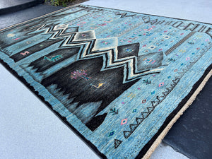 6x8 (180x245) Hand Knotted Afghan Rug | Teal Turquoise Denim Navy Blue Black Rose Salmon Pink Ivory White Chocolate Brown Cream Floral Wool