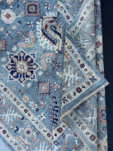 7x10 (215x305) Handmade Afghan Rug | Muted Grey Gray Cream Beige Chocolate Brown Charcoal Midnight Denim Blue Ivory White | Floral Wool Boho