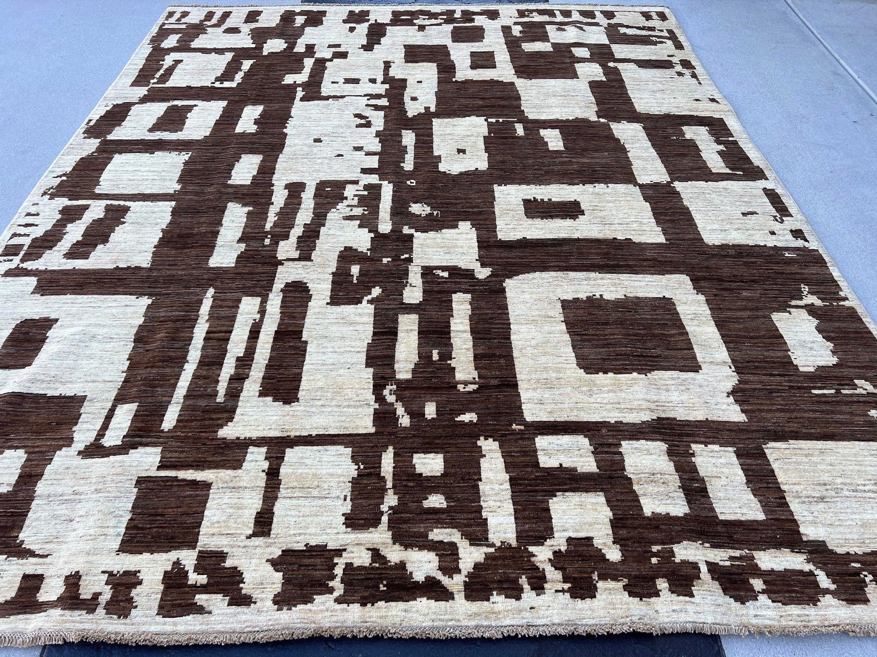 8x10 (240x300) Handmade Afghan Rug | Neutral Cream Beige Chocolate Brown | Abstract Geometric Persian Turkish Oriental Hand Knotted Wool