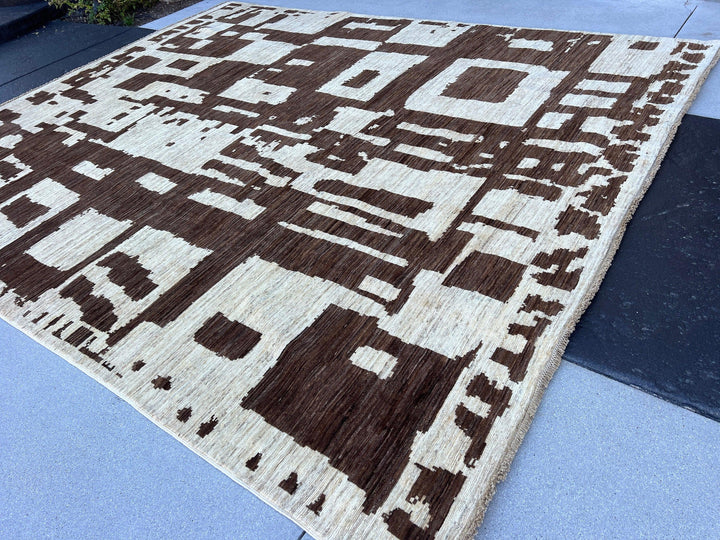 8x10 (240x300) Handmade Afghan Rug | Neutral Cream Beige Chocolate Brown | Abstract Geometric Persian Turkish Oriental Hand Knotted Wool