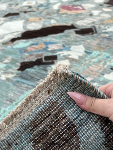 8x10 - 8x11 Handmade Afghan Rug | Grey Green Teal Salmon Pink Chocolate Brown Ivory Beige Pink Turquoise Mauve | Abstract Modern Wool