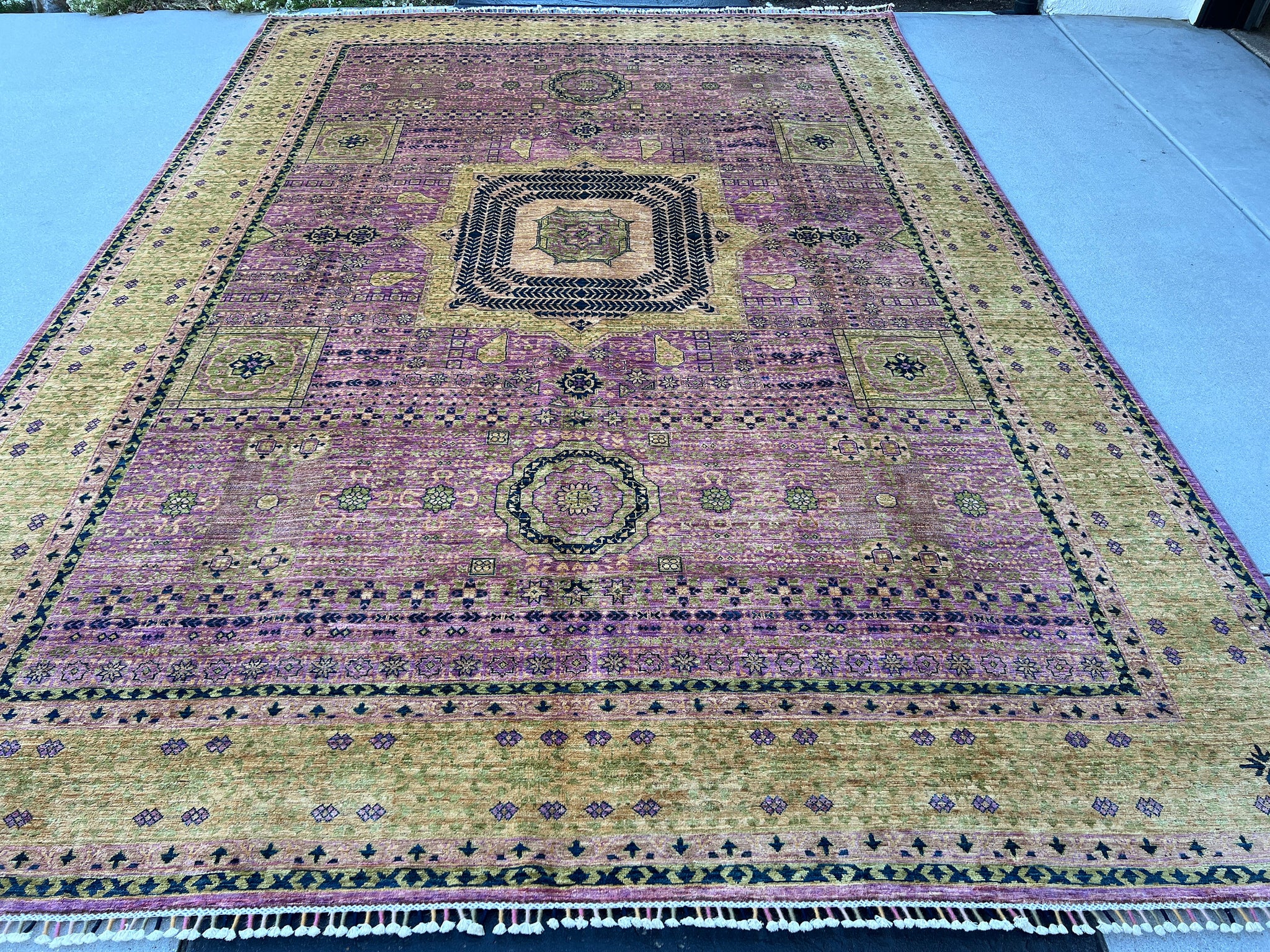 8x12 Handmade Afghan Rug | Purple Pink Sage Green Caramel Gold | Mamluk Wool Hand Knotted Woven Luxury Turkish Persian