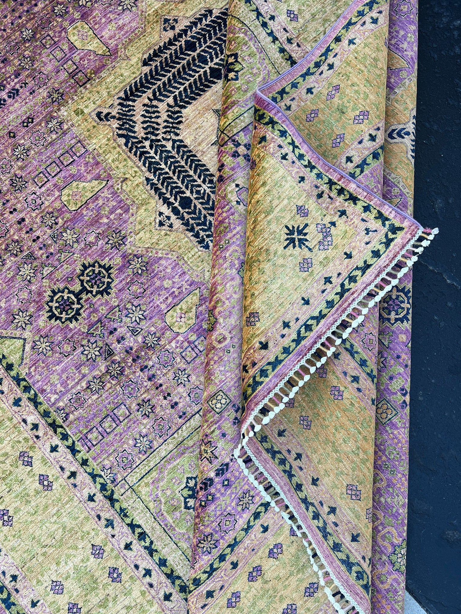 8x12 Handmade Afghan Rug | Purple Pink Sage Green Caramel Gold | Mamluk Wool Hand Knotted Woven Luxury Turkish Persian