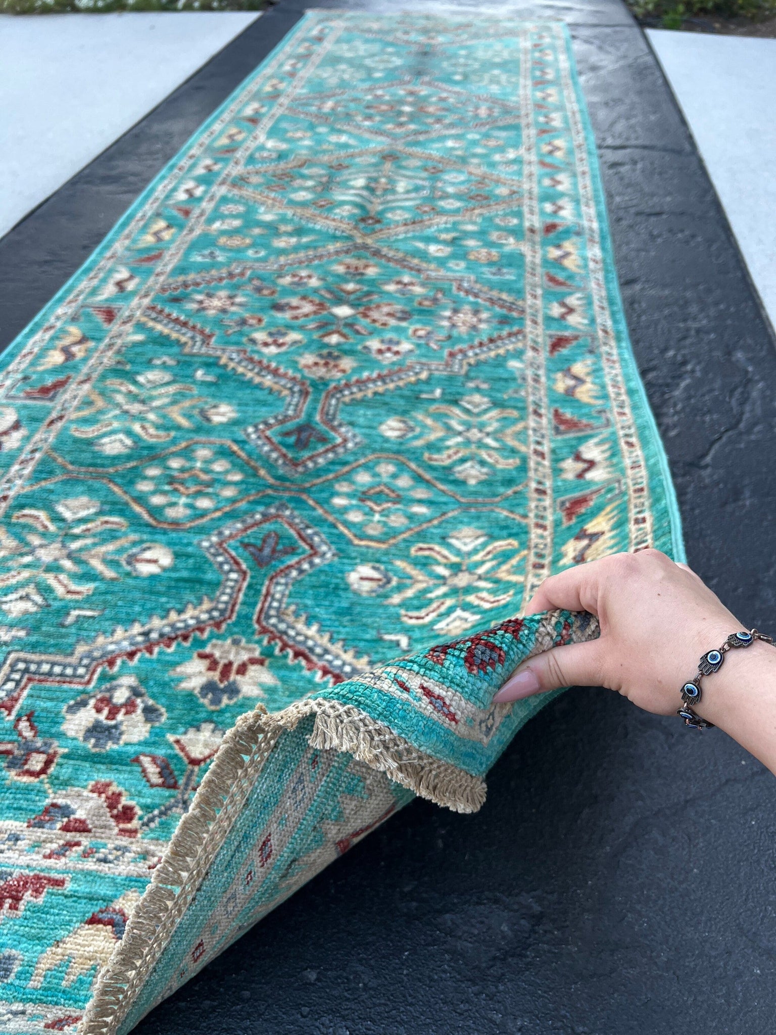 3x10 (90x275) Handmade Afghan Runner Rug | Turquoise Red Cream Beige Charcoal Grey | Hand Knotted Wool Woven Turkish Oushak Tribal Geometric