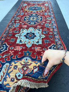3x9 (90x275) Handmade Afghan Runner Rug | Red Brick Red Navy Sky Blue Caramel Gold | Hand Knotted Wool Turkish Oushak Tribal Geometric
