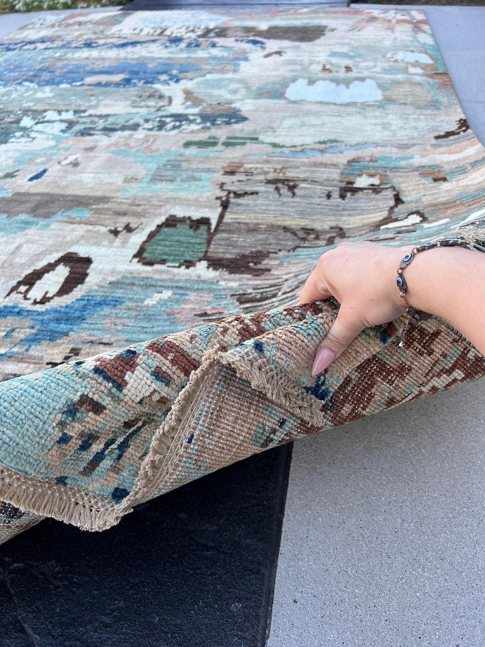 6x9 - 7x10 Handmade Afghan Rug | Earth Tones Turquoise Teal Brown Brick Rust Red Terra Cotta Beige Sage Green Black Blue Mauve Abstract Wool