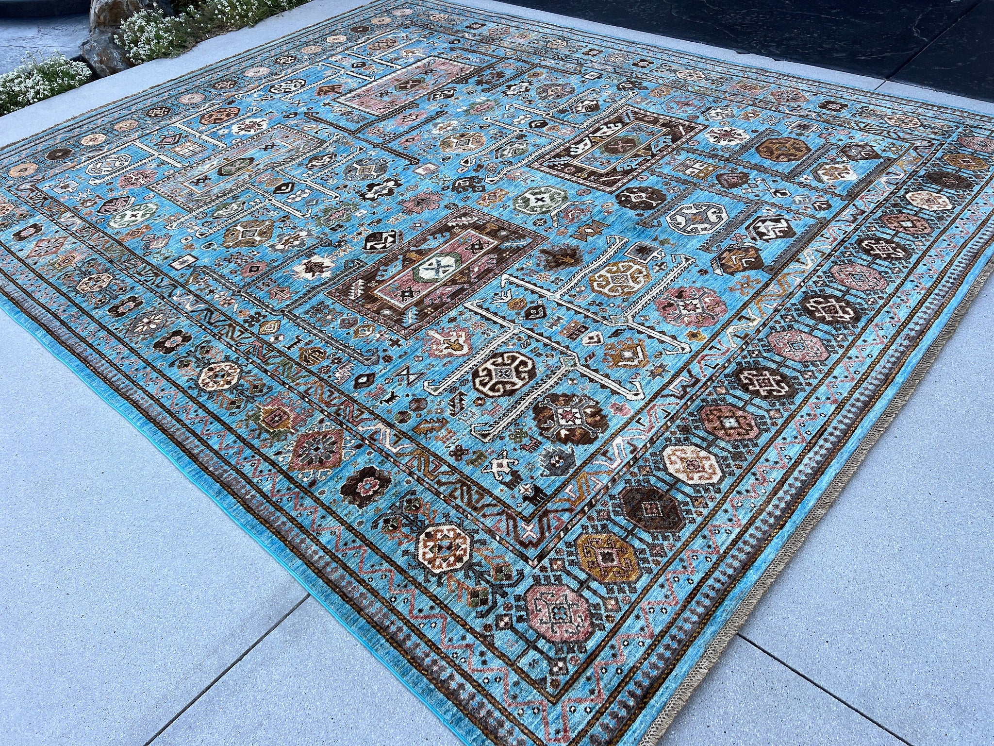 9x11 (275x335) Handmade Afghan Rug | Denim Blue Charcoal Grey Brown Salmon Pink Caramel Gold Forest Green Ivory | Knotted Wool Turkish Heriz