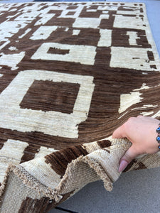 8x10 (240x300) Handmade Afghan Rug | Neutral Cream Beige Chocolate Brown | Abstract Geometric Persian Turkish Oriental Hand Knotted Wool