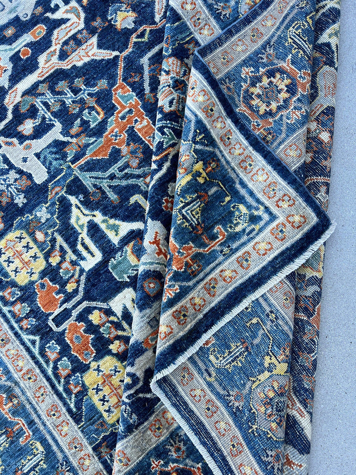 8x10 Handmade Afghan Rug | Navy Blue Terracotta Rust Burnt Orange Cool Grey Teal Ivory Gold Mustard Yellow Turkish Oushak Wool Hand Knotted