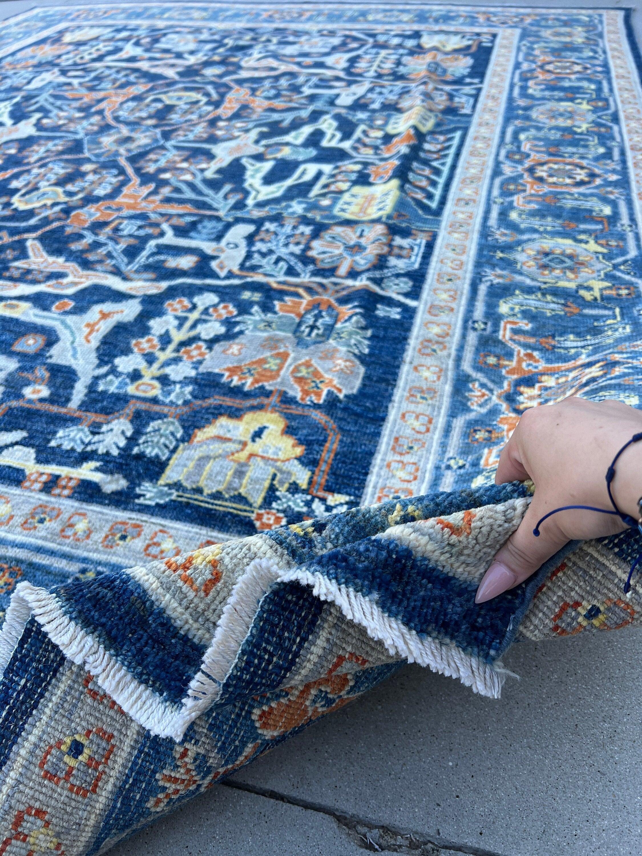 8x10 Handmade Afghan Rug | Navy Blue Terracotta Rust Burnt Orange Cool Grey Teal Ivory Gold Mustard Yellow Turkish Oushak Wool Hand Knotted