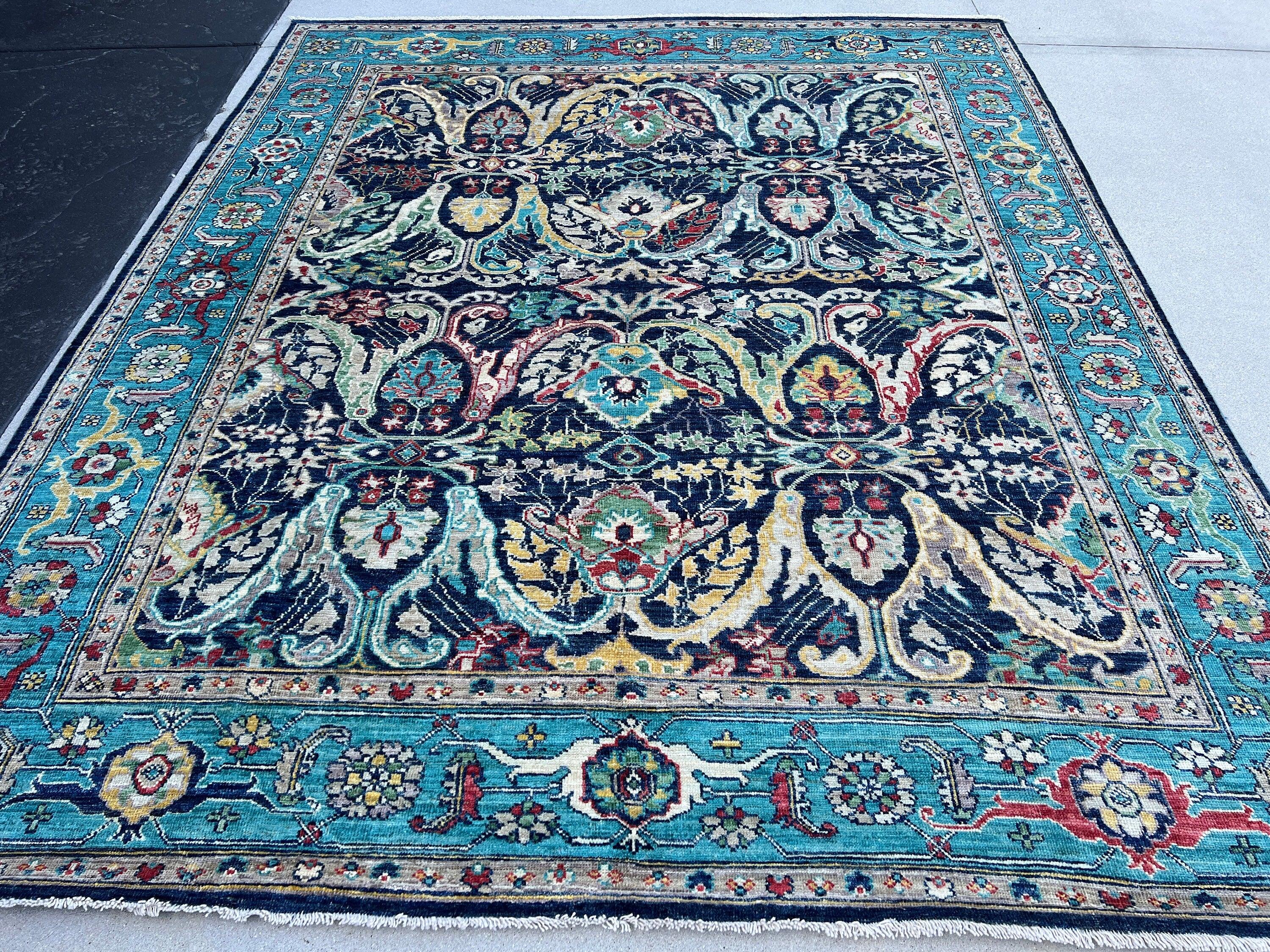 8x10 Handmade Afghan Rug | Navy Blue Turquoise Teal Mustard Yellow Gold Coral Green Charcoal Grey Ivory Brick Red | Turkish Oushak Wool