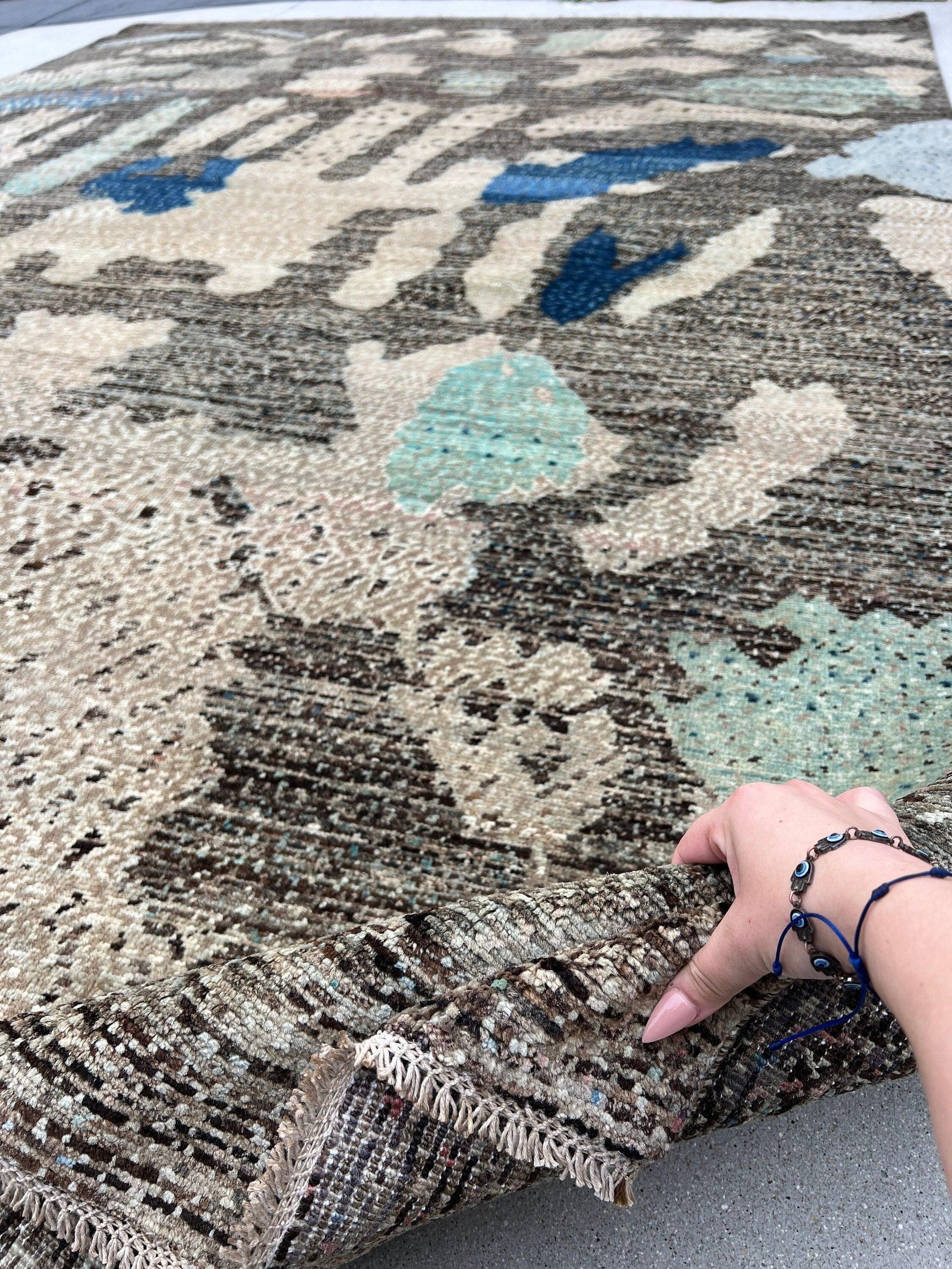 9x12 (270x365) Handmade Afghan Rug | Earth Tones Black Brown Beige Blue Turquoise Ivory Pink Teal Green Coral | Abstract Wool Modern Knotted