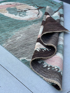 7x10 (215x305) Handmade Afghan Rug | Teal Turquoise Grey Brown Beige Salmon Pink Coral | Pictorial Figurative Scenic Story Narrative Themed