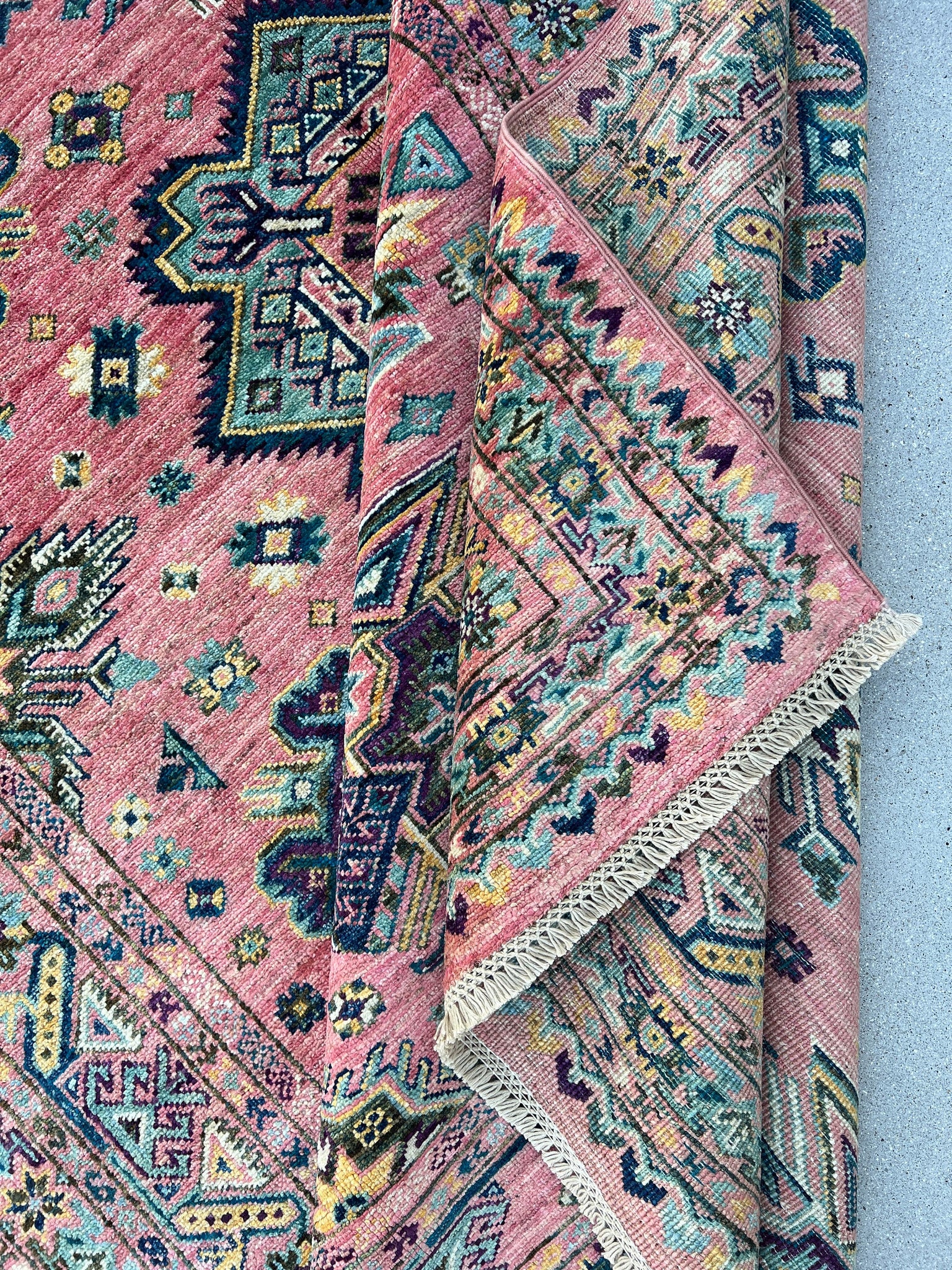 6x9 Handmade Afghan Rug | Pink Purple Gold Caramel Navy Blue Forest Sage Green Turquoise Teal Ivory | Hand Knotted Persian Bohemian Wool