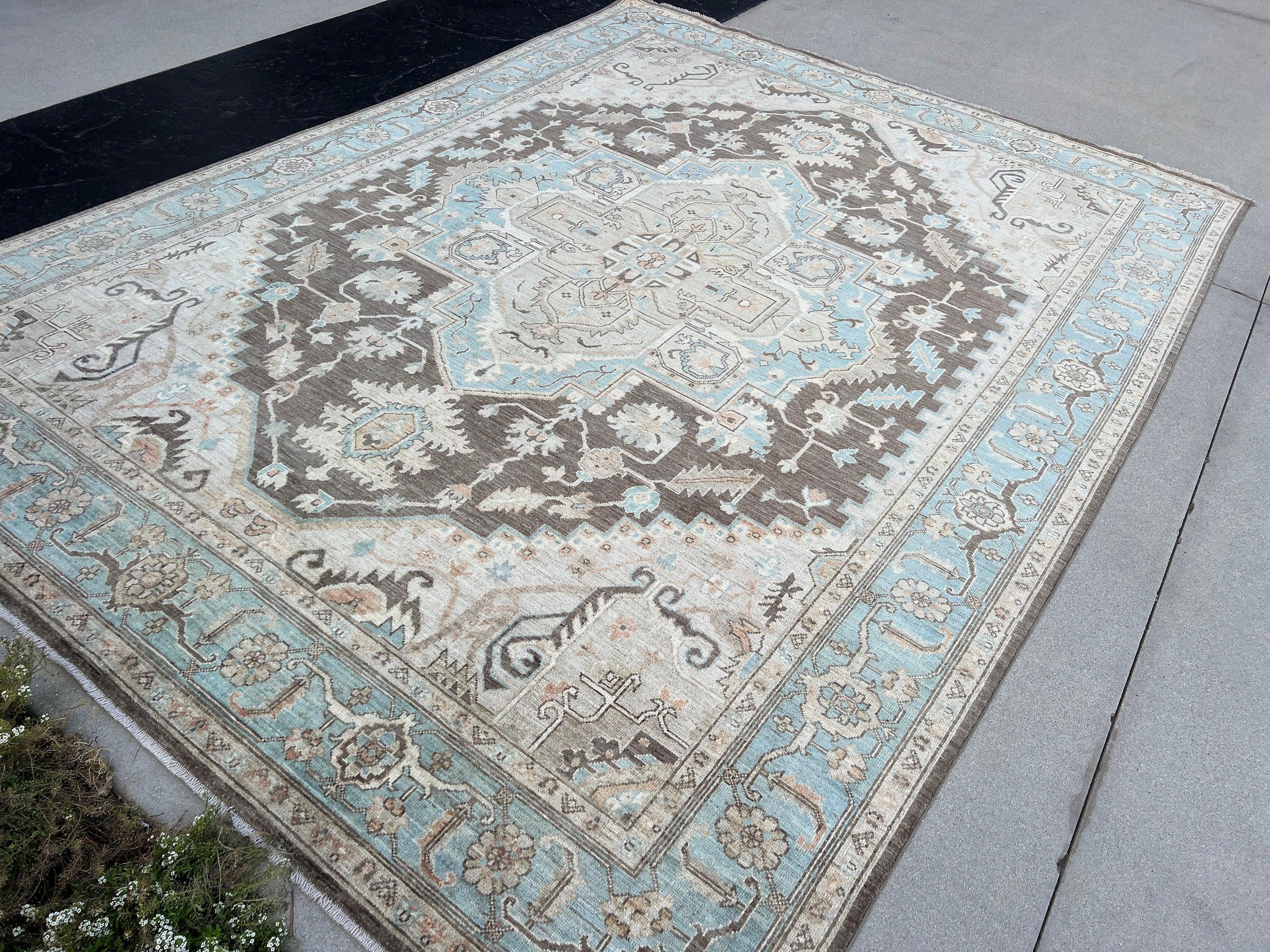 9x12 (275x365) Handmade Afghan Rug | Charcoal Grey Umber Baby Powder Blue Sage Green Terracotta Rust Ivory | Persian Heriz Serapi Knotted