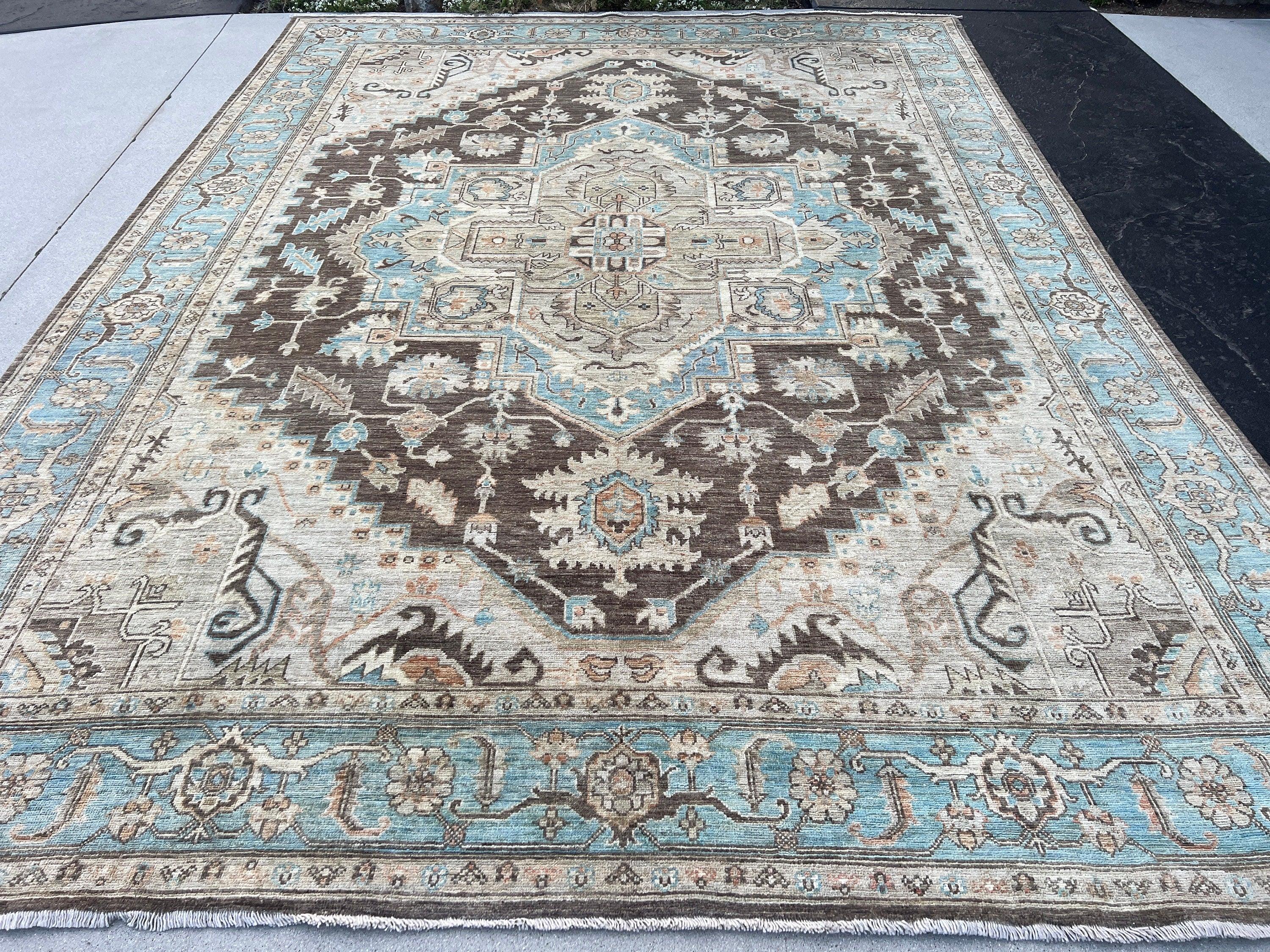 9x12 (275x365) Handmade Afghan Rug | Charcoal Grey Umber Baby Powder Blue Sage Green Terracotta Rust Ivory | Persian Heriz Serapi Knotted