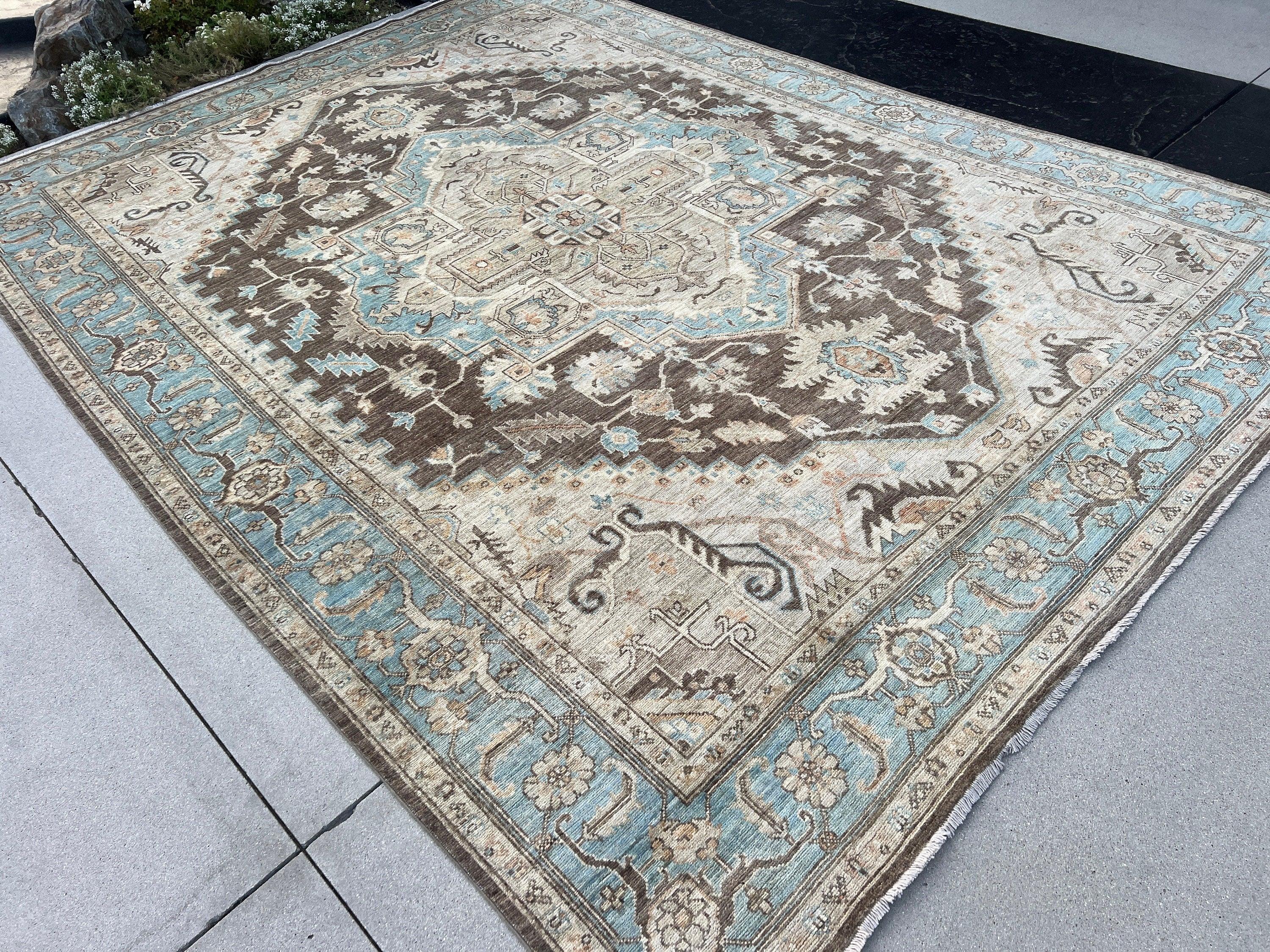 9x12 (275x365) Handmade Afghan Rug | Charcoal Grey Umber Baby Powder Blue Sage Green Terracotta Rust Ivory | Persian Heriz Serapi Knotted