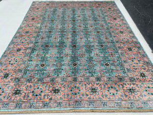 8x10 (245x305) Handmade Afghan Rug | Sky Denim Baby Blue Terracotta Rust Charcoal Grey | Hand Knotted Woven Wool Tribal Oriental Luxury Boho