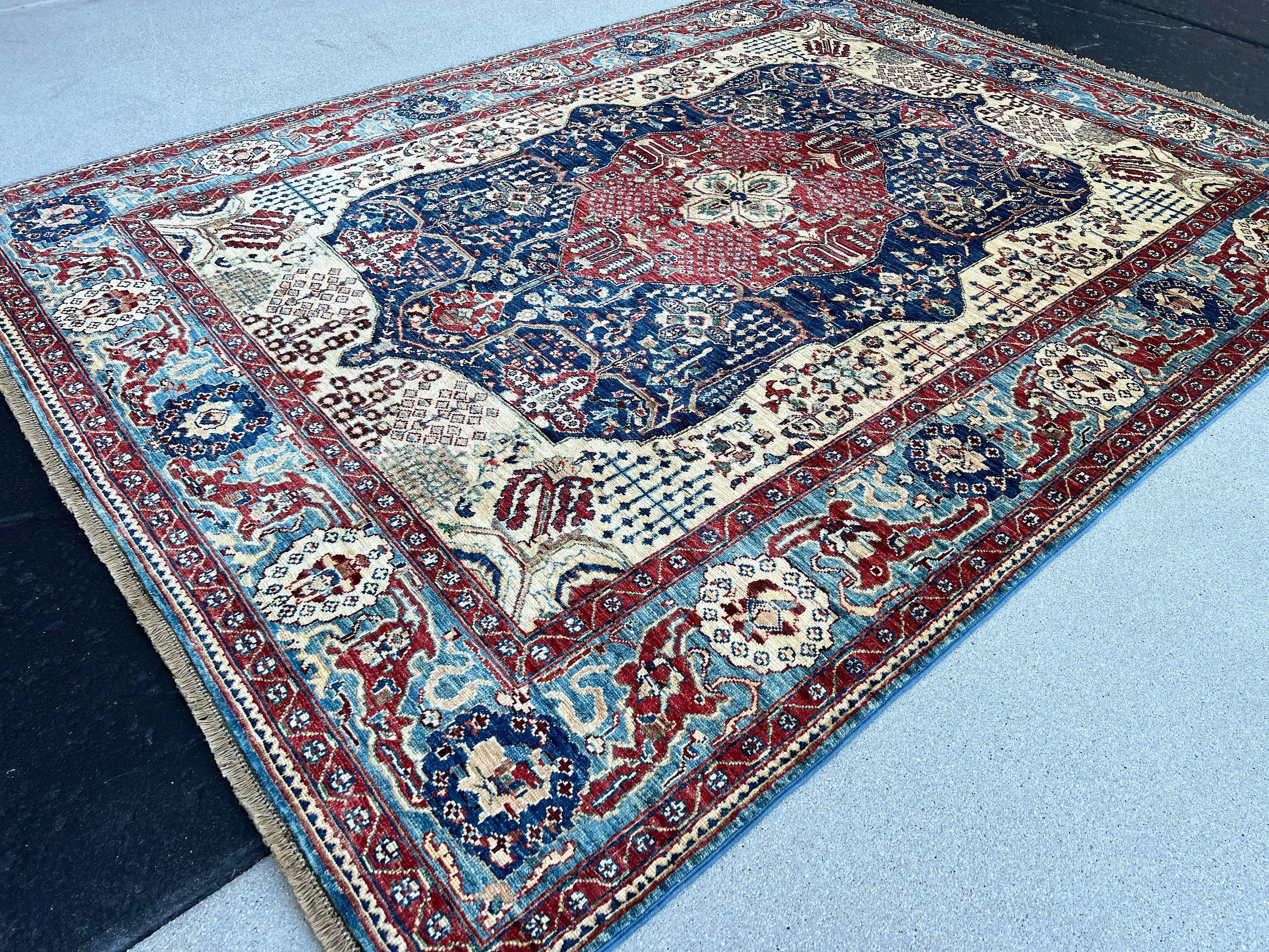 6x8 (180x245) Hand Knotted Afghan Rug | Cream Beige Denim Navy Denim Blue Chocolate Tan Brown Teal Turquoise | Floral Heriz Persian Wool