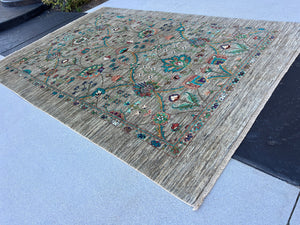 6x8 - 6x9 Handmade Afghan Rug | Grey Teal Turquoise Cream Beige Ivory White Midnight Blue Forest Green Terracotta Rust | Wool Floral