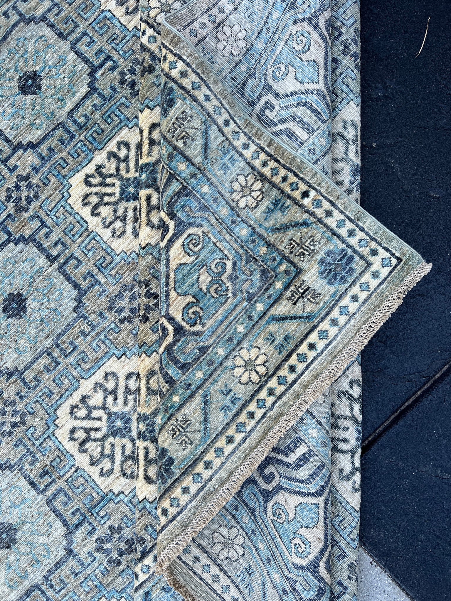 10x13 Handmade Afghan Rug | Green Grey Greige Navy Sky Blue Cream Ivory Charcoal Grey | Khotan Wool Oriental Knotted Luxury Turkish Persian