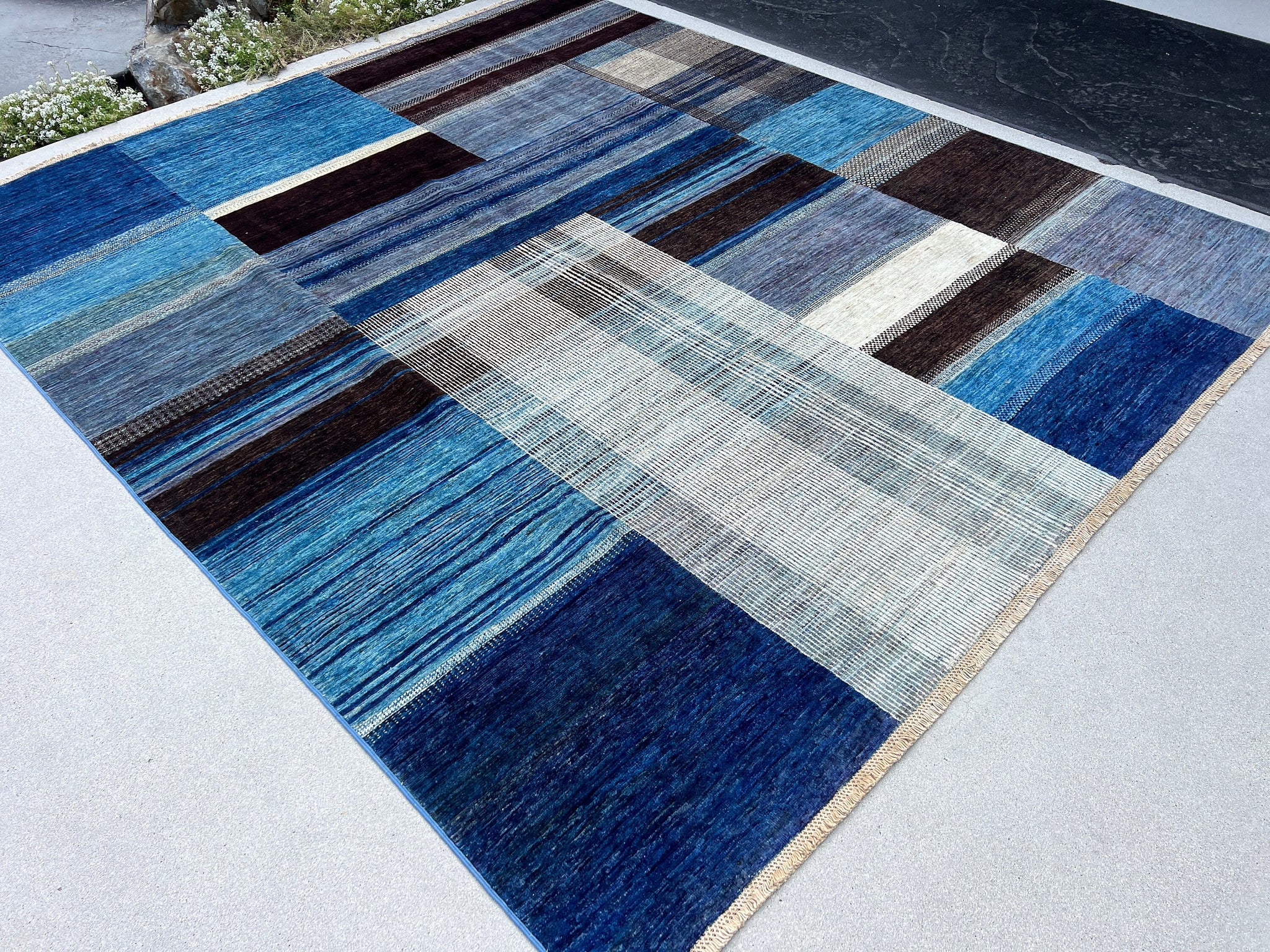 8x10 (245x305) Handmade Afghan Rug | Navy Jean Sky Blue Grey Ivory Black | Abstract Modern Contemporary Artisan Unique Wool Geometiric