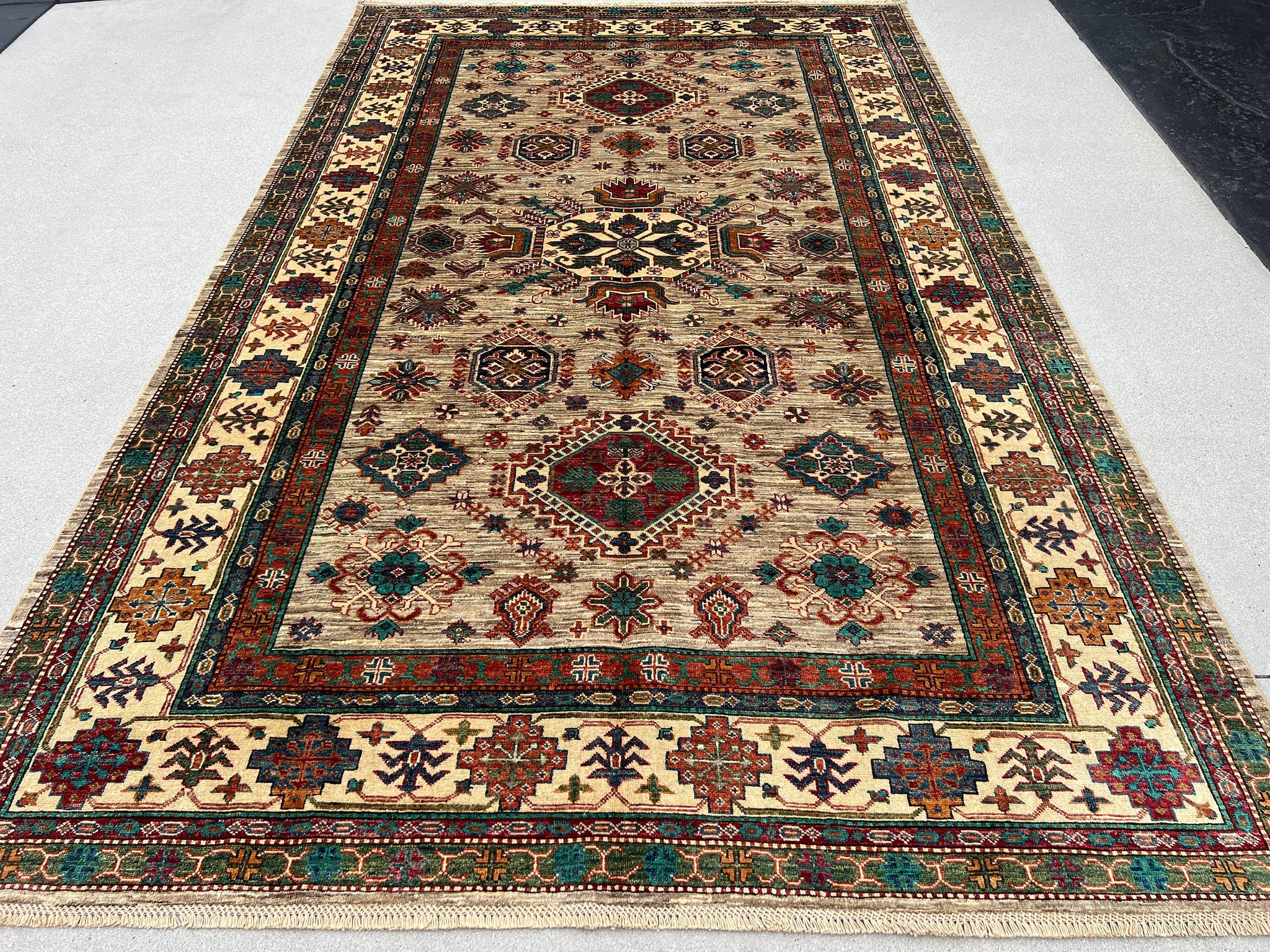 7x10 (215x305) Handmade Afghan Rug | Beige Brown Cream Teal Turquoise Red Caramel Terracotta Green Blue Ivory | Hand Knotted Wool Persian